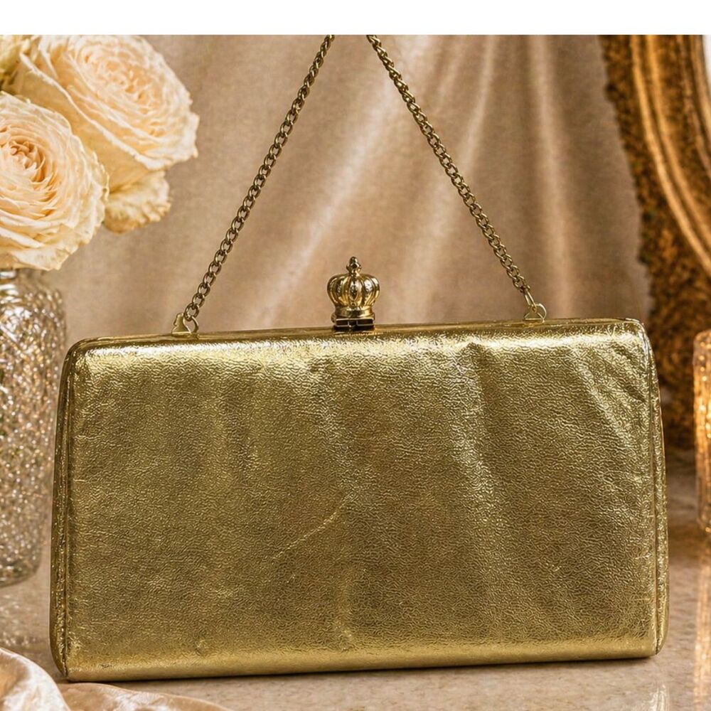 Vintage Gold Evening Bag Clutch Crown Clasp Chain Strap Formal Wedding